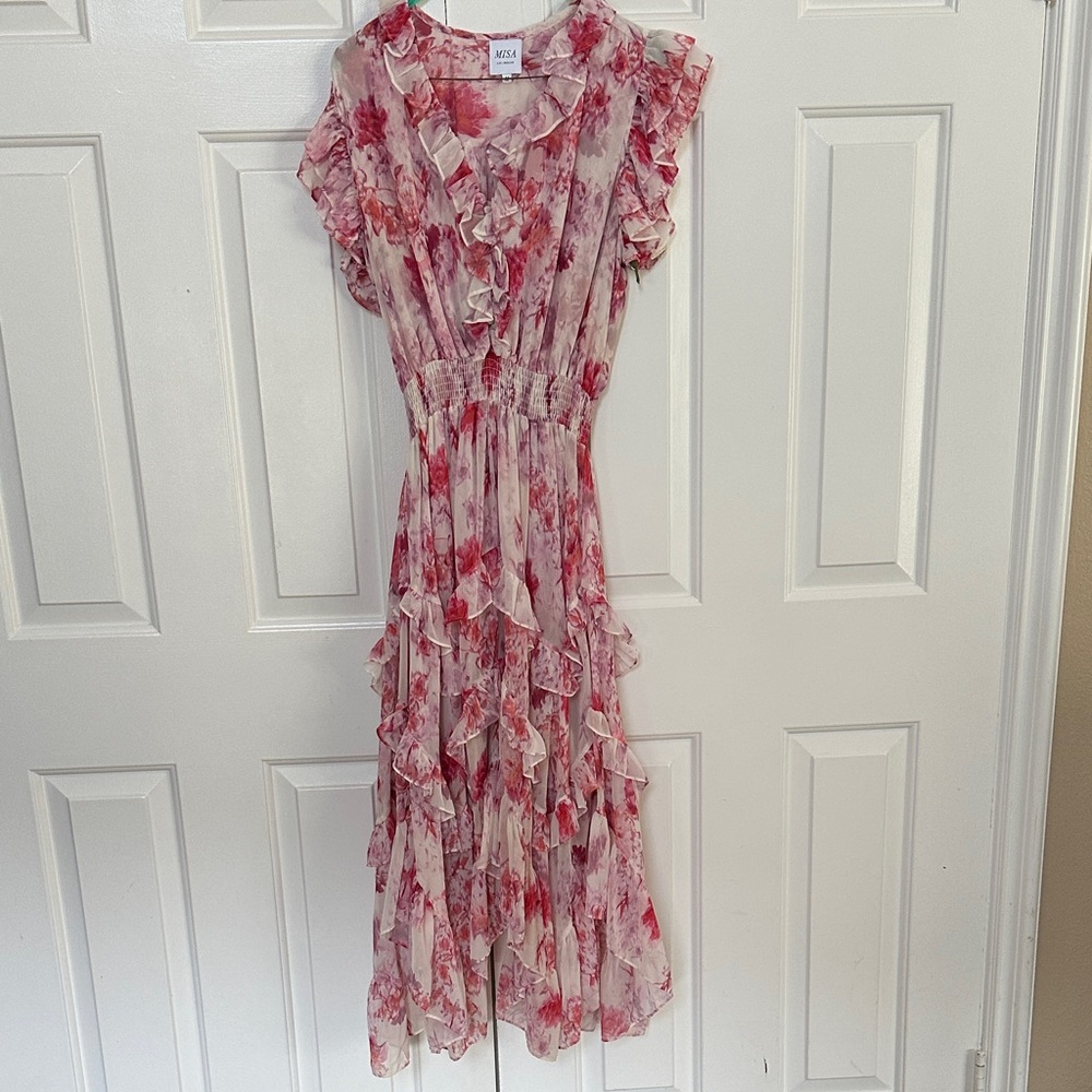 Misa Los Angeles Floral Ruffle Dress - Red and White